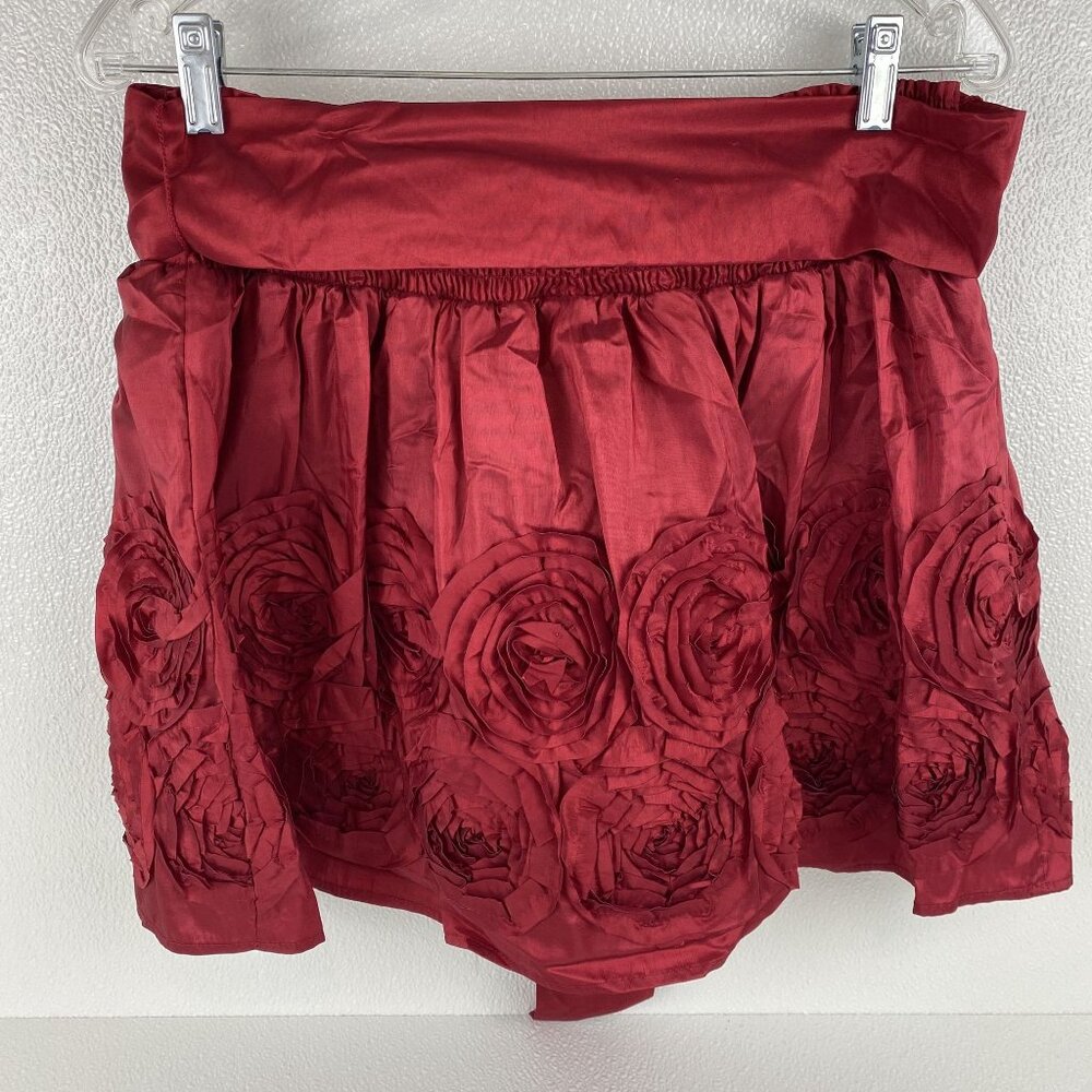 Red Satin Feminine Festive Preppy Fairy Tulle Lined Floral Applique Mini Skirt M - Picture 14 of 14